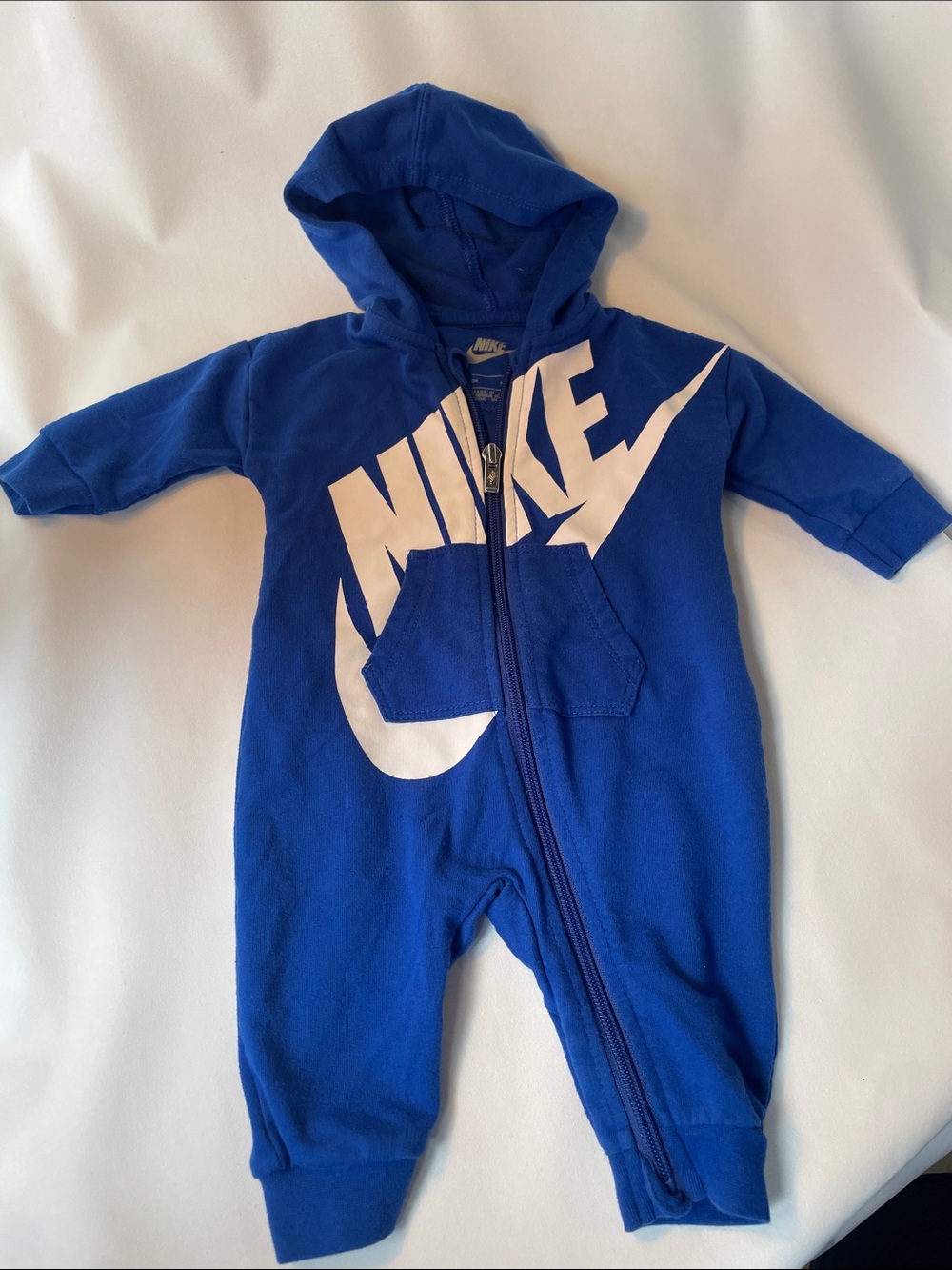 Nike Royal Blue Hooded Baby One-Piece with White Logo